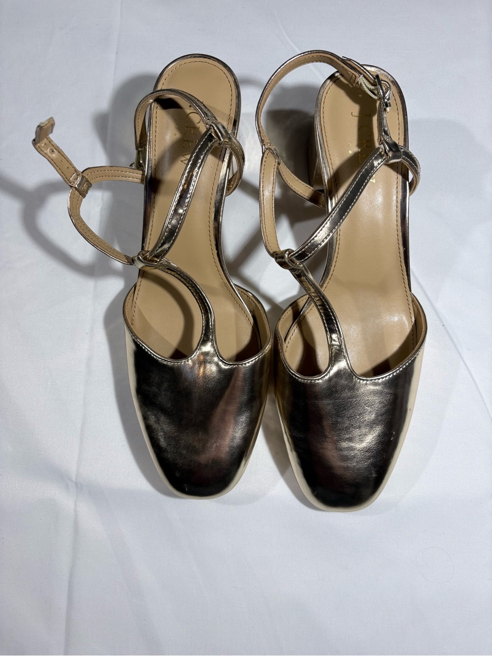 J. Crew Metallic Gold T-Strap Block Heels